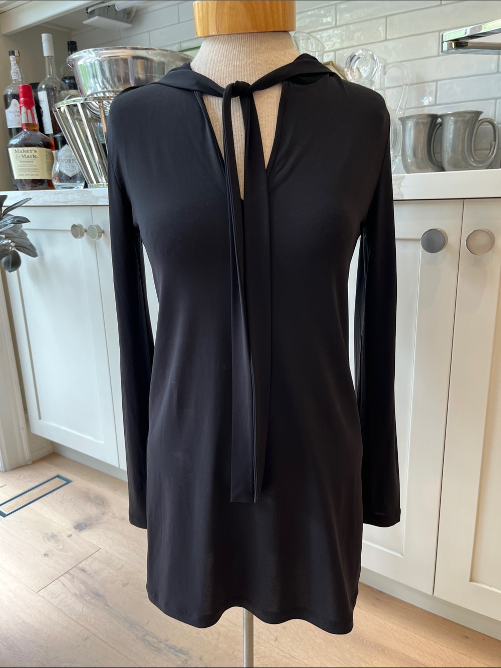 SHAN Black Long-Sleeve Tie-Neck Mesh hooded Mini Dress / Swim Cover